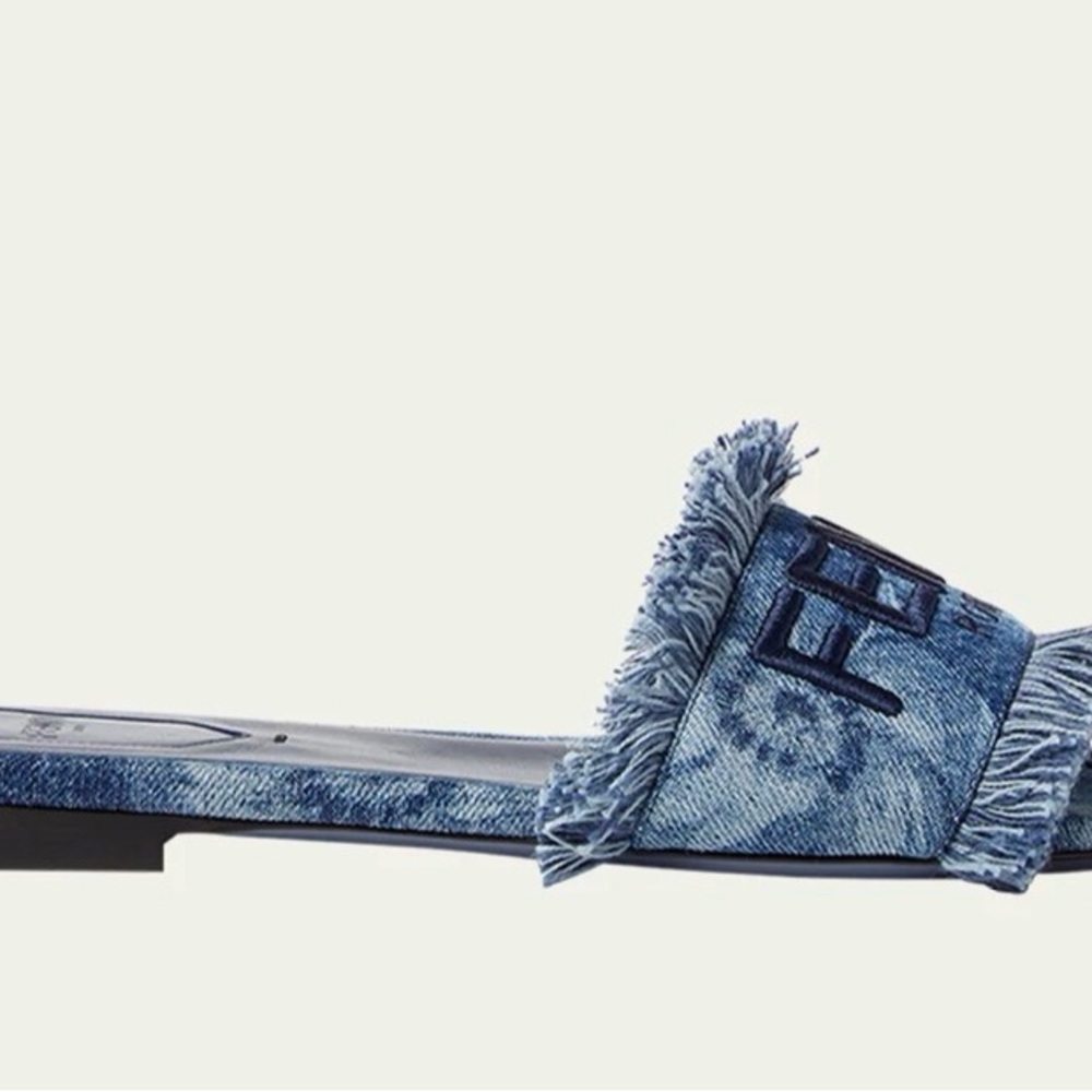 Fendi Denim Blue Frayed Slide Sandals - Picture 2 of 2